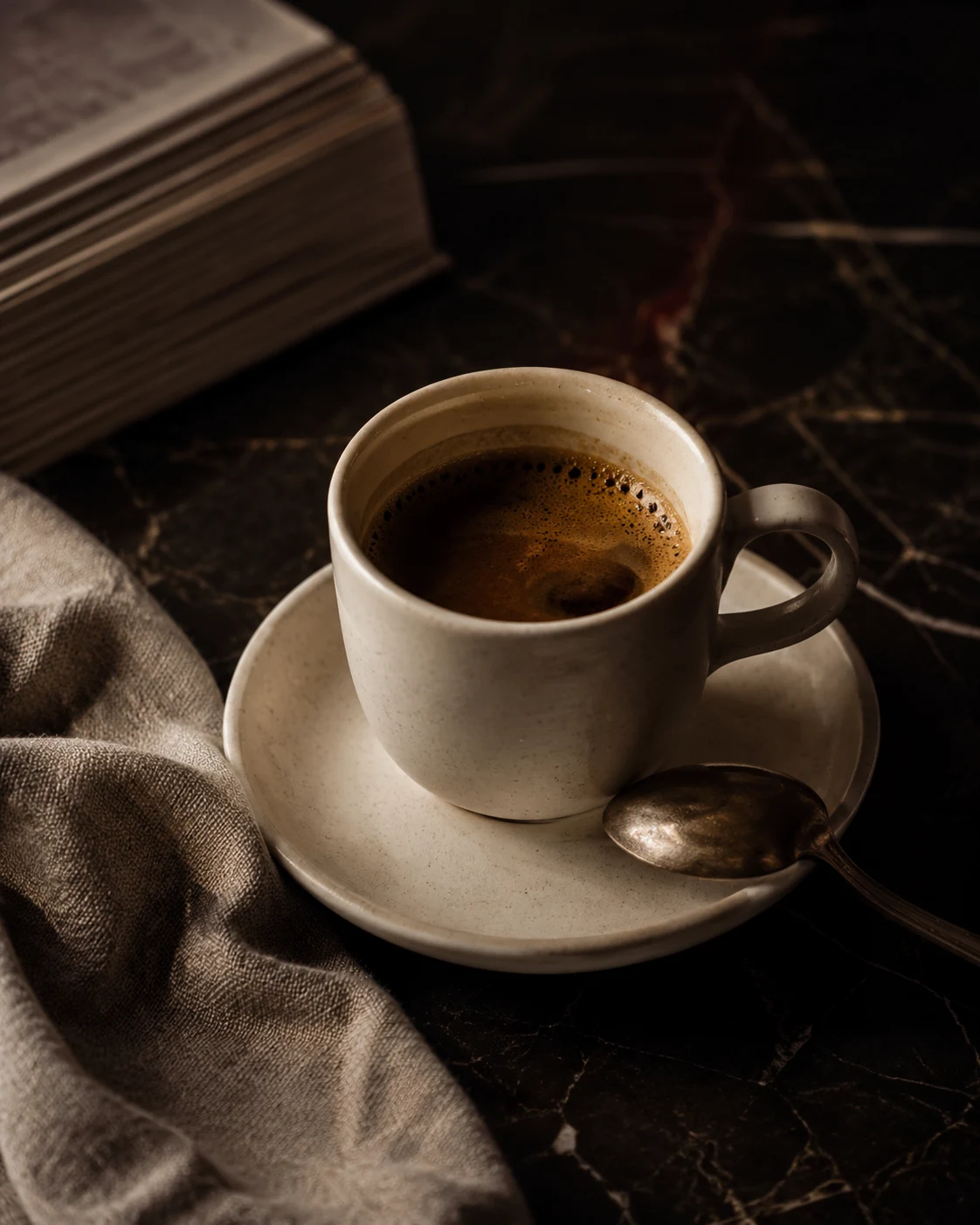 Espresso in a ceramic cup on a dark stone table with linen